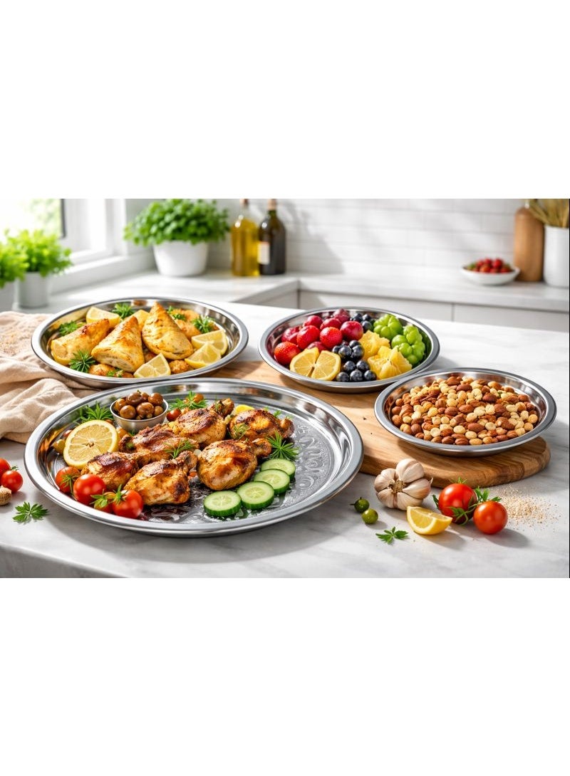 Al Gazar Steel 4-Piece Stainless Steel Serving Tray Set - Multi-Size Engraved Trays for Drinks, Coffee & Snacks - Decorative Patterned Design - Rust Resistant - Image 3